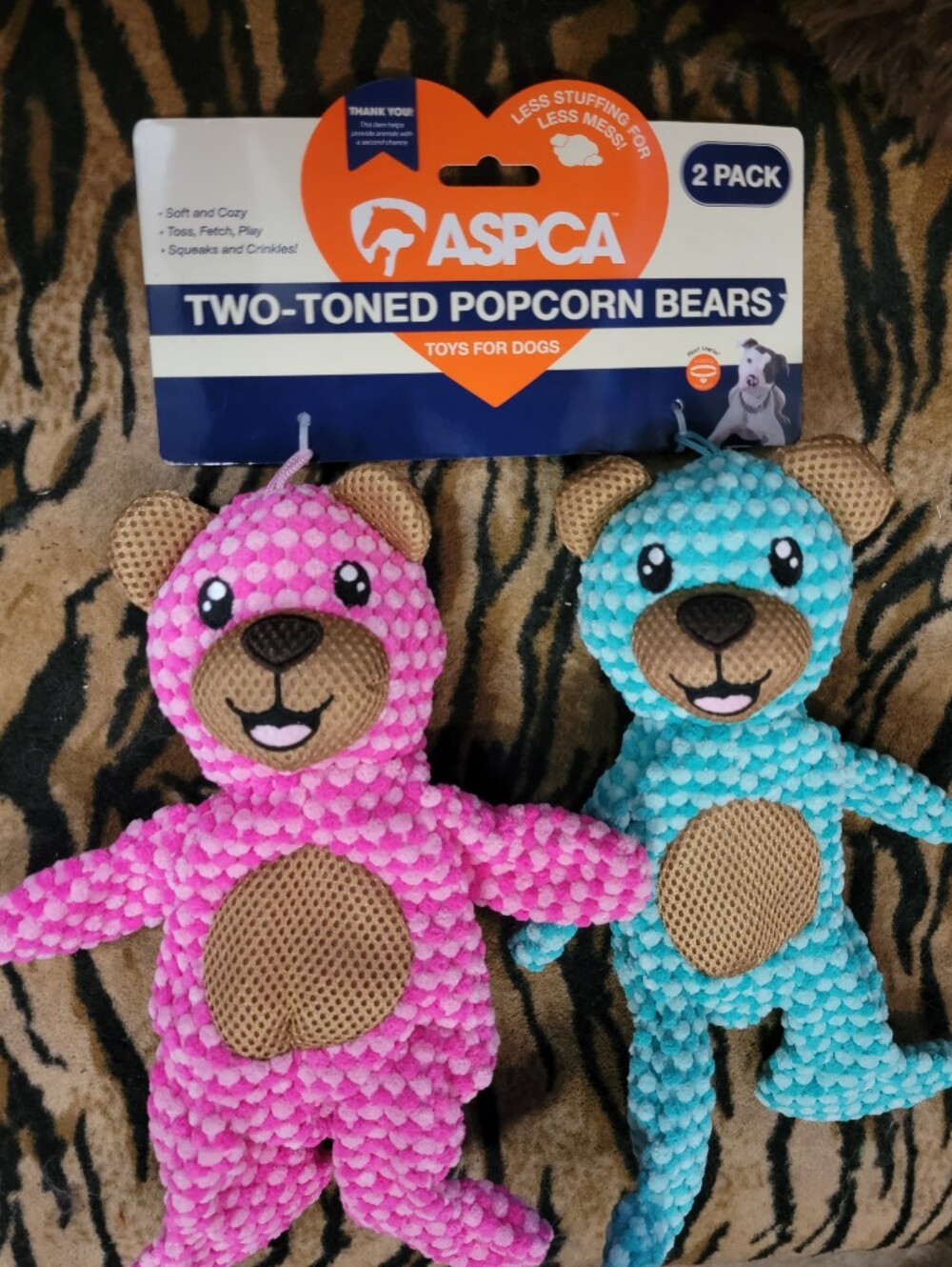 ASPCA Dog Popcorn Bears Crinkle Squeak  Dog Toy Pink & Blue Med Large 2 Pk Ea.